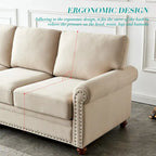 Linen Fabric Upholstered Sofa with Storage, 3-Seater Couch with Solid Wood Frame, Round Arms, and Removable Cushion Cover
