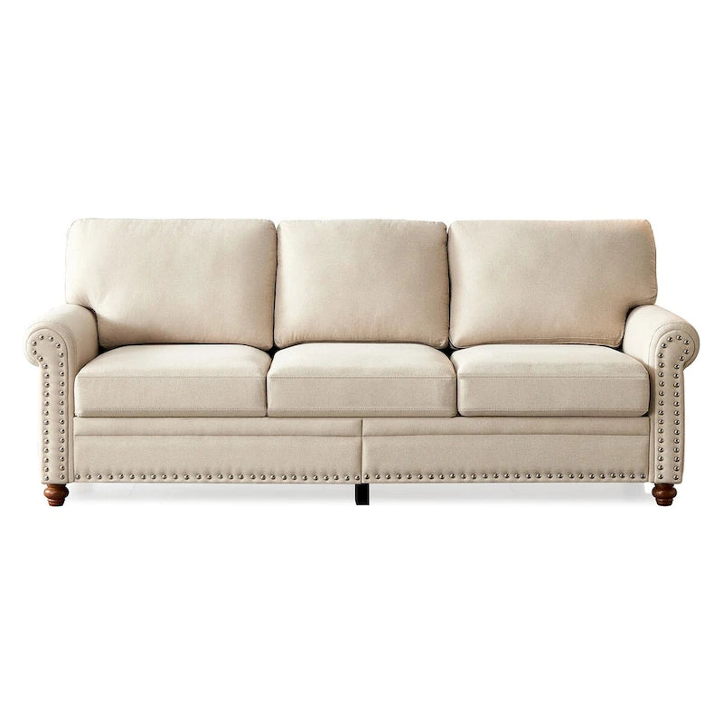 Linen Fabric Upholstered Sofa with Storage, 3-Seater Couch with Solid Wood Frame, Round Arms, and Removable Cushion Cover