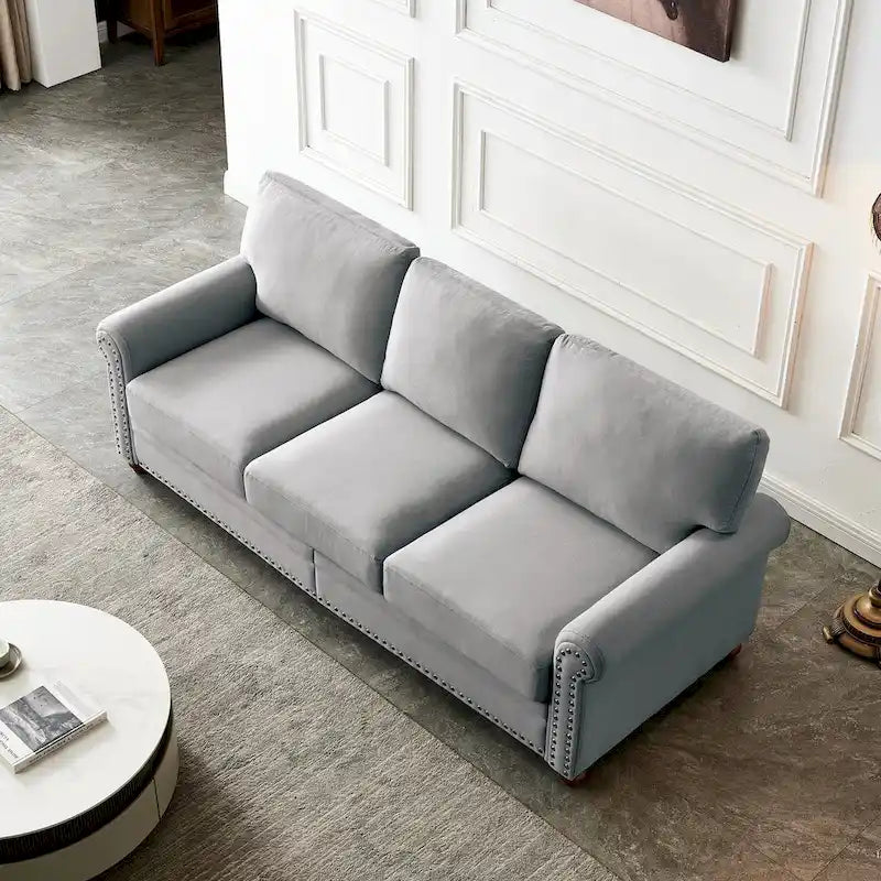 Linen Fabric Upholstered Sofa with Storage, 3-Seater Couch with Solid Wood Frame, Round Arms, and Removable Cushion Cover