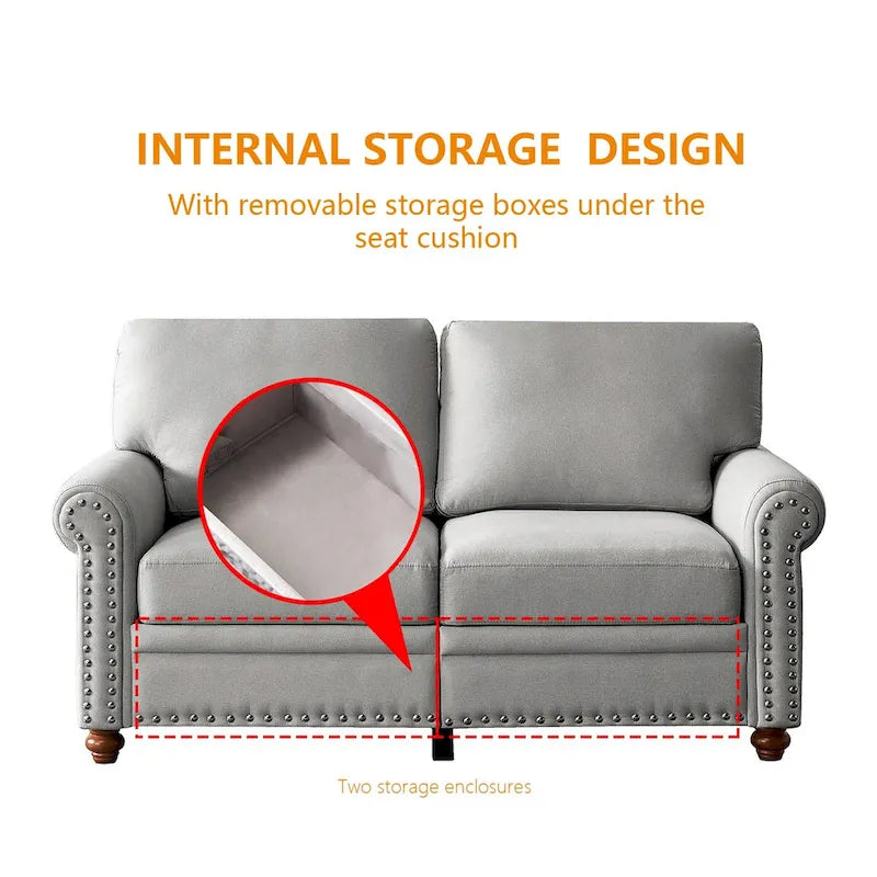 Linen Fabric Upholstered Sofa with Storage, 3-Seater Couch with Solid Wood Frame, Round Arms, and Removable Cushion Cover