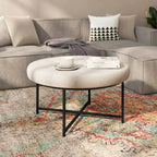 Tufted Round Cotton Linen Ottoman with Iron Frame