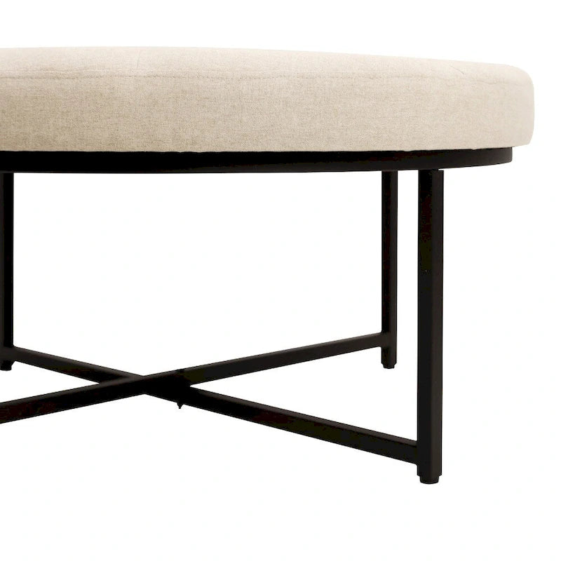 Tufted Round Cotton Linen Ottoman with Iron Frame