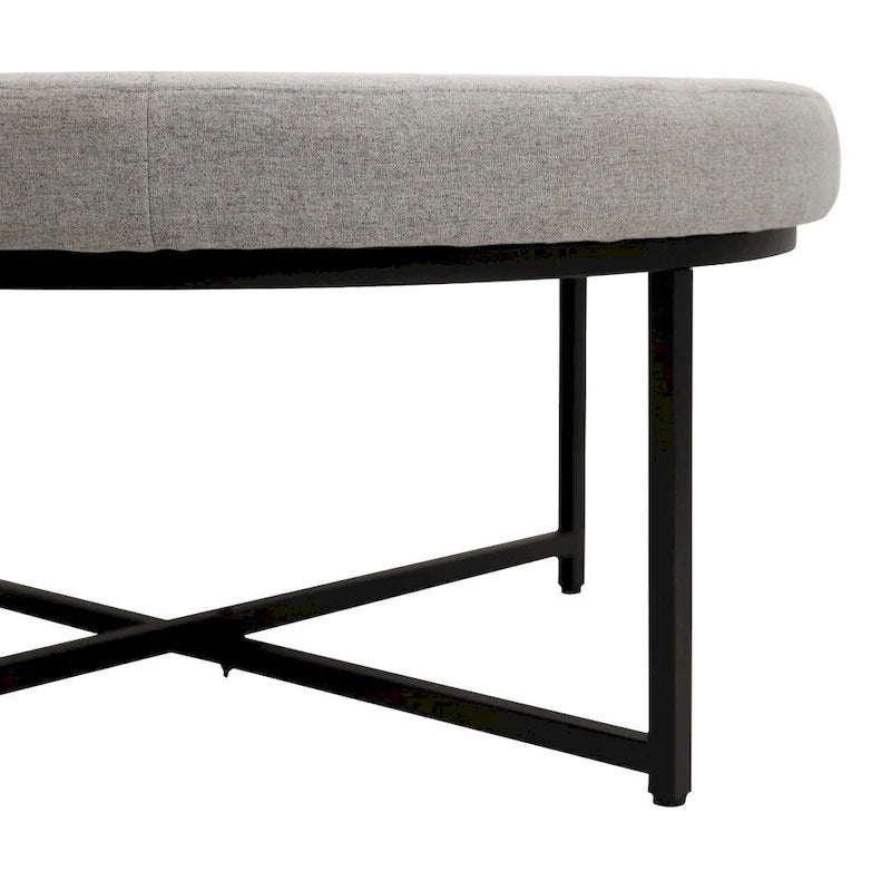 Tufted Round Cotton Linen Ottoman with Iron Frame