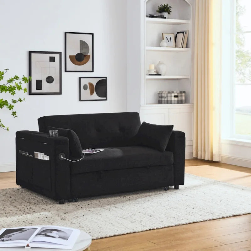 54 Pull-Out Sleeper Sofa Bed Double Seat Recliner Sofa Bed with Armrests with Storage and Side Pockets,with USB Power Outlet