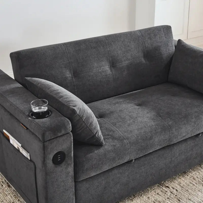 54 Pull-Out Sleeper Sofa Bed Double Seat Recliner Sofa Bed with Armrests with Storage and Side Pockets,with USB Power Outlet