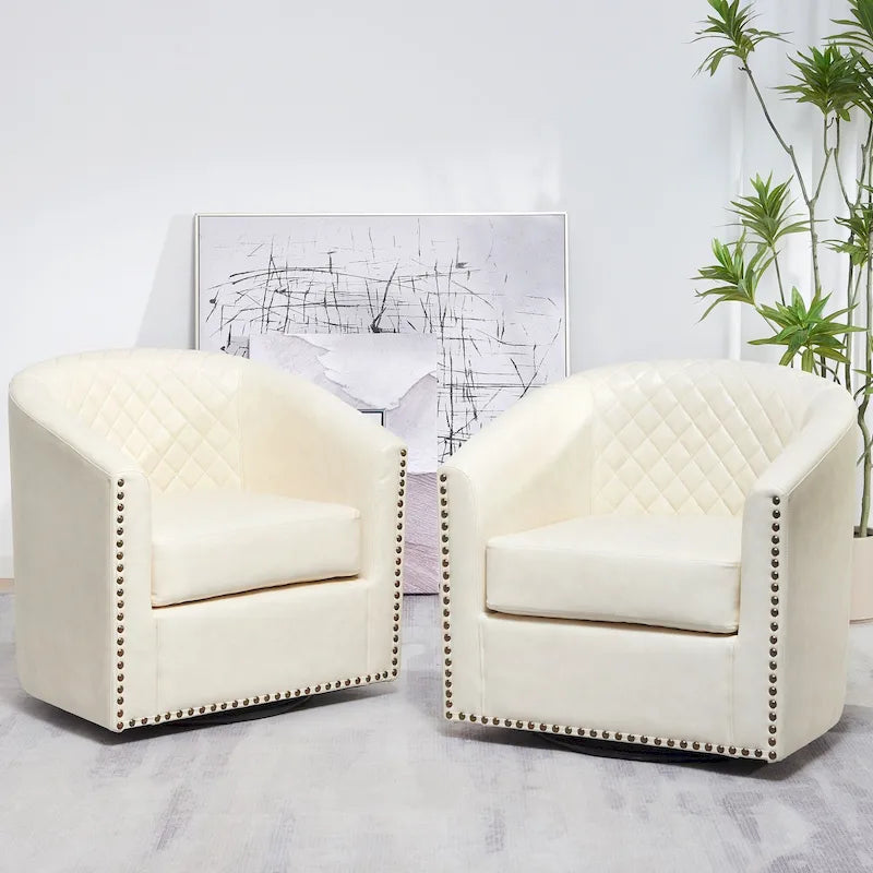 KINWELL 29 Wide Tufted PU Leather Swivel Barrel Chair (Set of 2)