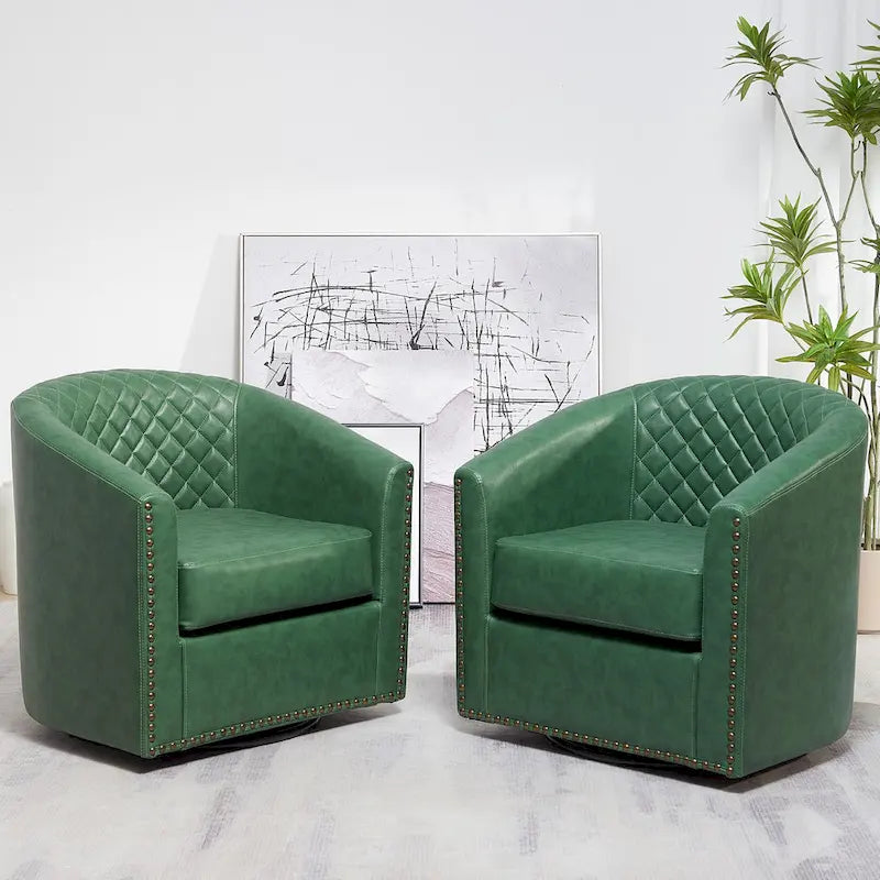 KINWELL 29 Wide Tufted PU Leather Swivel Barrel Chair (Set of 2)