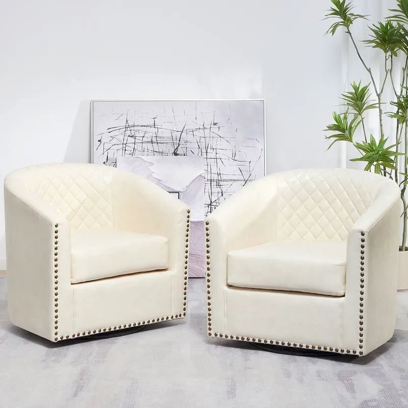 KINWELL 29 Wide Tufted PU Leather Swivel Barrel Chair (Set of 2)