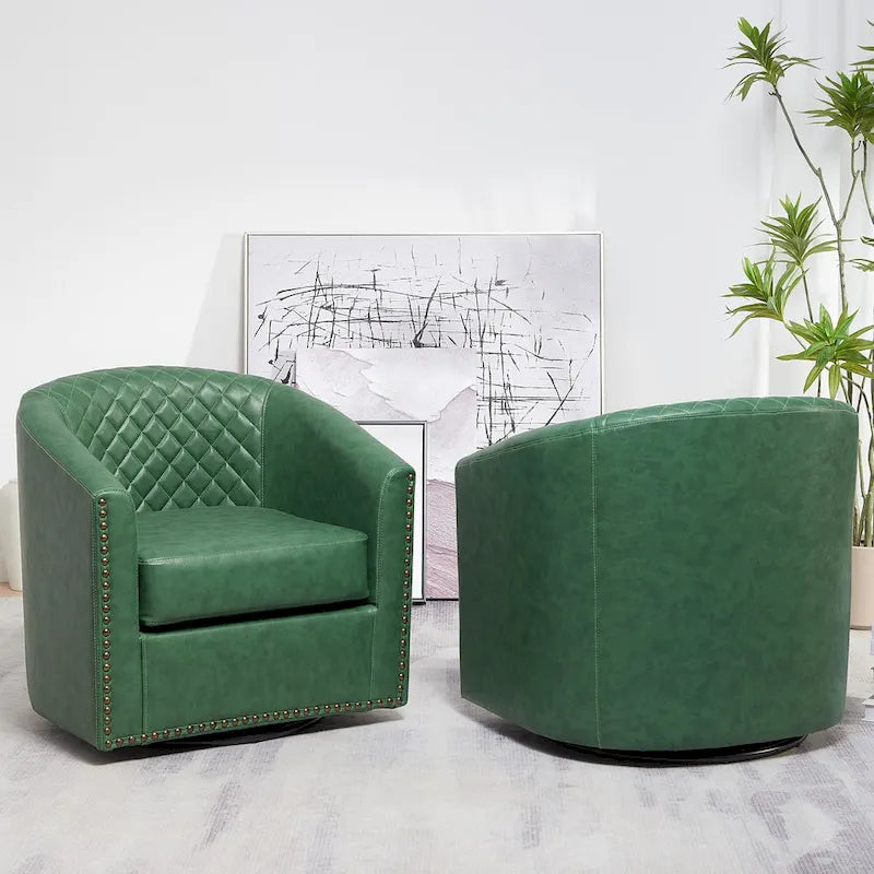KINWELL 29 Wide Tufted PU Leather Swivel Barrel Chair (Set of 2)