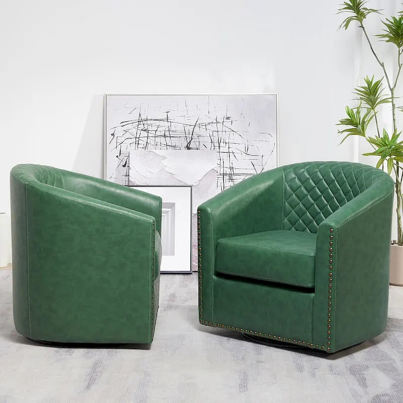 KINWELL 29 Wide Tufted PU Leather Swivel Barrel Chair (Set of 2)