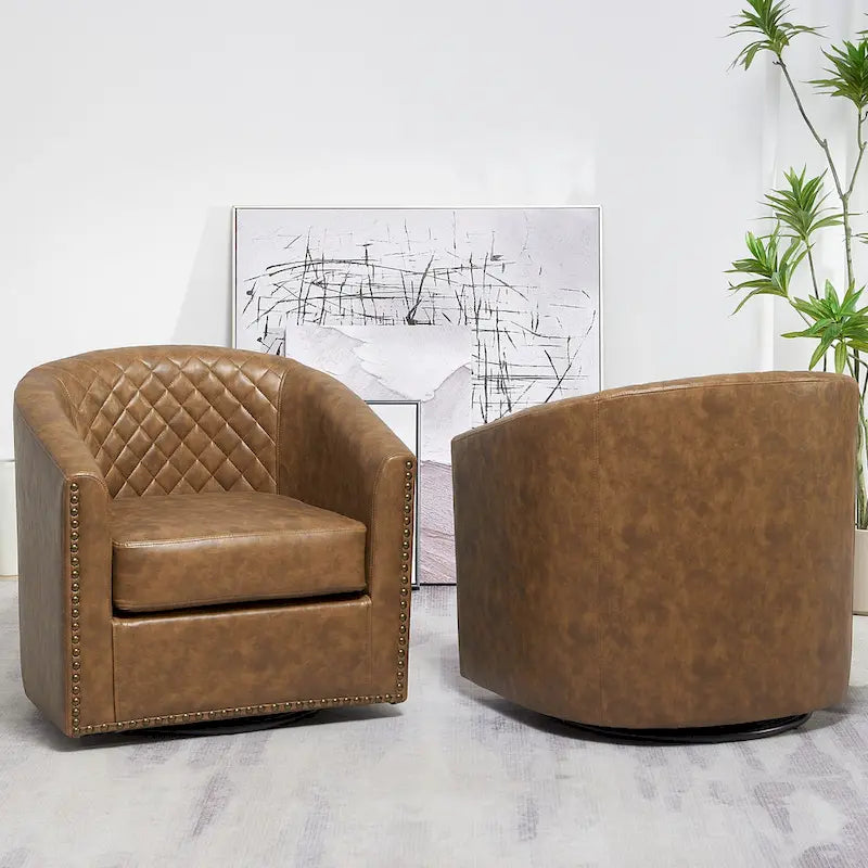 KINWELL 29 Wide Tufted PU Leather Swivel Barrel Chair (Set of 2)