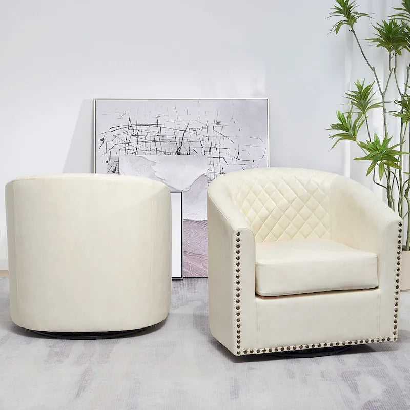 KINWELL 29 Wide Tufted PU Leather Swivel Barrel Chair (Set of 2)