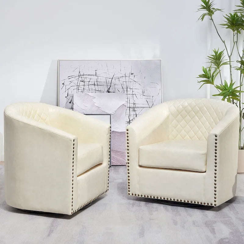 KINWELL 29 Wide Tufted PU Leather Swivel Barrel Chair (Set of 2)