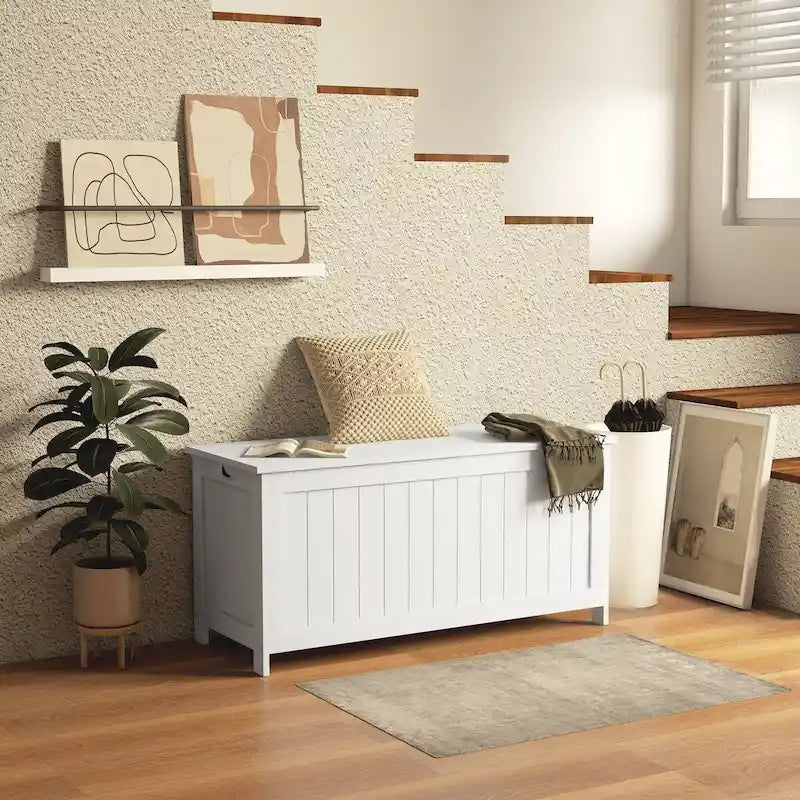 HOMCOM Storage Chest, Wooden Box with 2 Safety Hinges and Cut-out Handles, Modern Storage Trunk for Living Room, Entryway