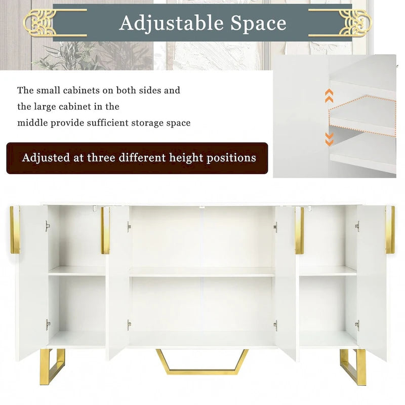 Modern sideboard with Four Doors, Metal handles & Legs and Adjustable Shelves Kitchen Cabinet