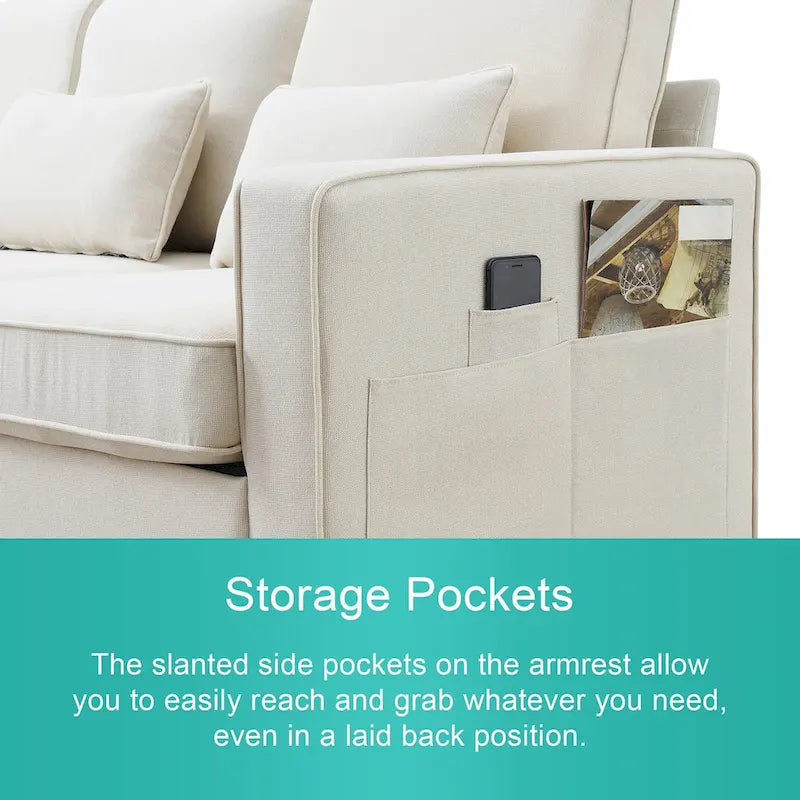 4-Seater Modern Linen Fabric Sofa with Armrest Pockets and 4 Pillows