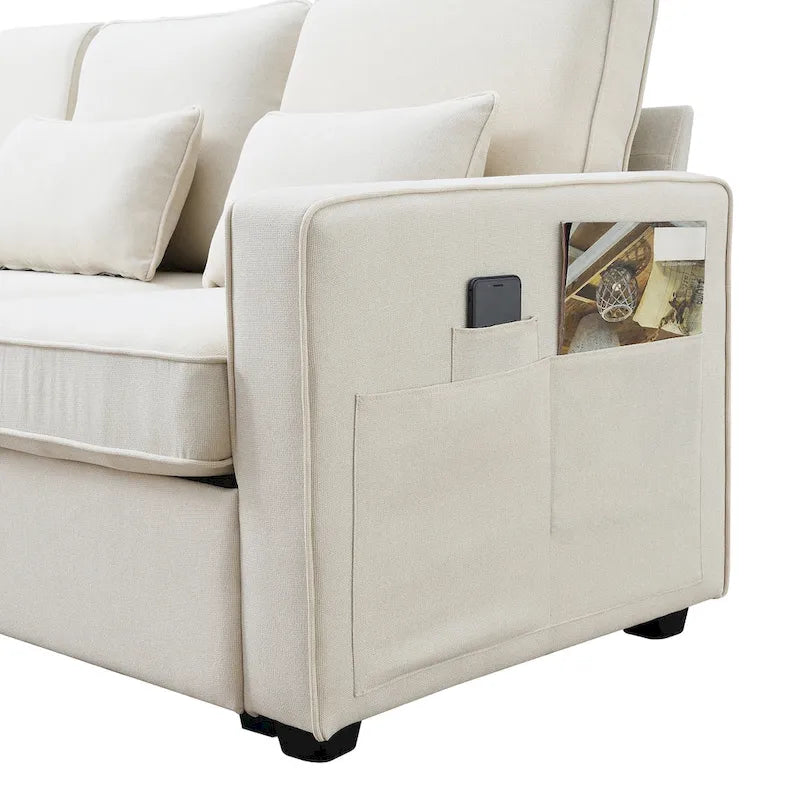 4-Seater Modern Linen Fabric Sofa with Armrest Pockets and 4 Pillows