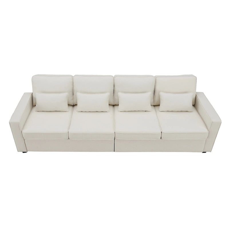 4-Seater Modern Linen Fabric Sofa with Armrest Pockets and 4 Pillows