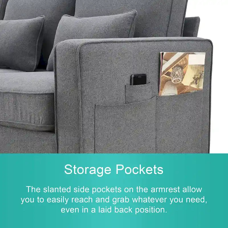 4-Seater Modern Linen Fabric Sofa with Armrest Pockets and 4 Pillows