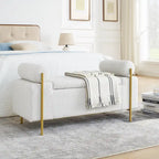 Linen Upholstered Storage Bench with Cylindrical Arms and Iron Legs
