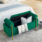 Linen Upholstered Storage Bench with Cylindrical Arms and Iron Legs