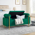 Linen Upholstered Storage Bench with Cylindrical Arms and Iron Legs