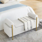 Linen Upholstered Storage Bench with Cylindrical Arms and Iron Legs