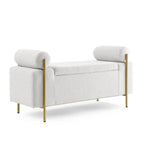 Linen Upholstered Storage Bench with Cylindrical Arms and Iron Legs