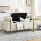 Linen Upholstered Storage Bench with Cylindrical Arms and Iron Legs
