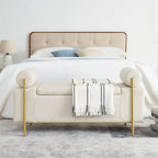 Linen Upholstered Storage Bench with Cylindrical Arms and Iron Legs