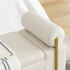 Linen Upholstered Storage Bench with Cylindrical Arms and Iron Legs