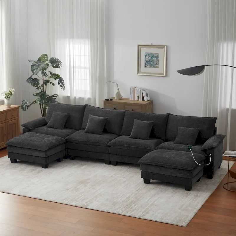 144 Modular Compression Sofa Set Convertible Sectional Sleeper Couch with 2 Ottomans