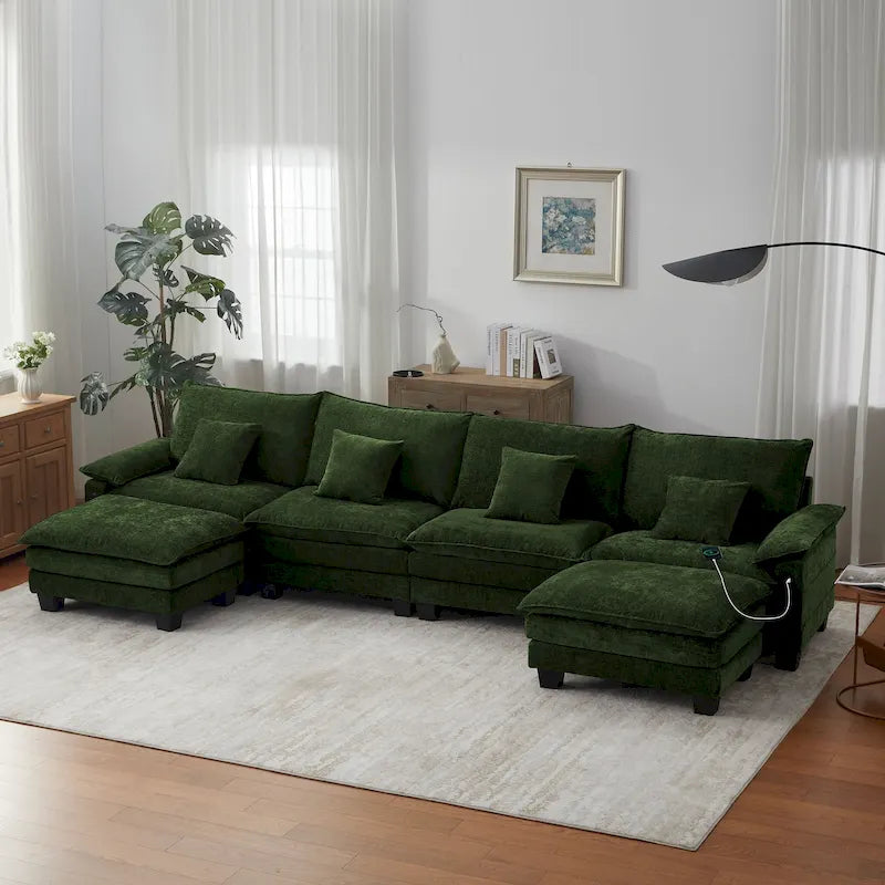 144 Modular Compression Sofa Set Convertible Sectional Sleeper Couch with 2 Ottomans