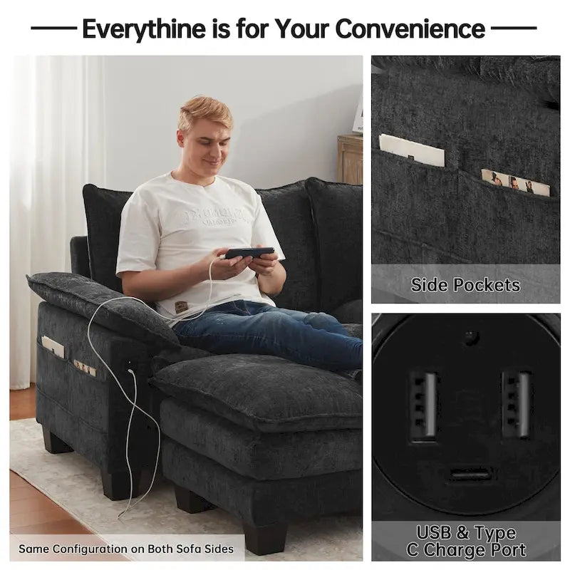 144 Modular Compression Sofa Set Convertible Sectional Sleeper Couch with 2 Ottomans