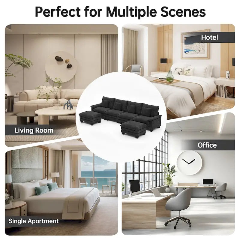 144 Modular Compression Sofa Set Convertible Sectional Sleeper Couch with 2 Ottomans