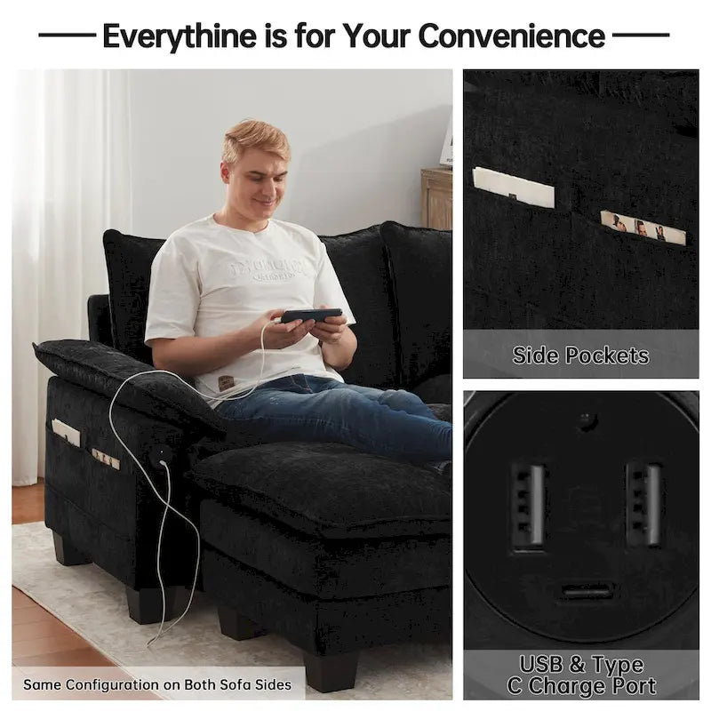144 Modular Compression Sofa Set Convertible Sectional Sleeper Couch with 2 Ottomans