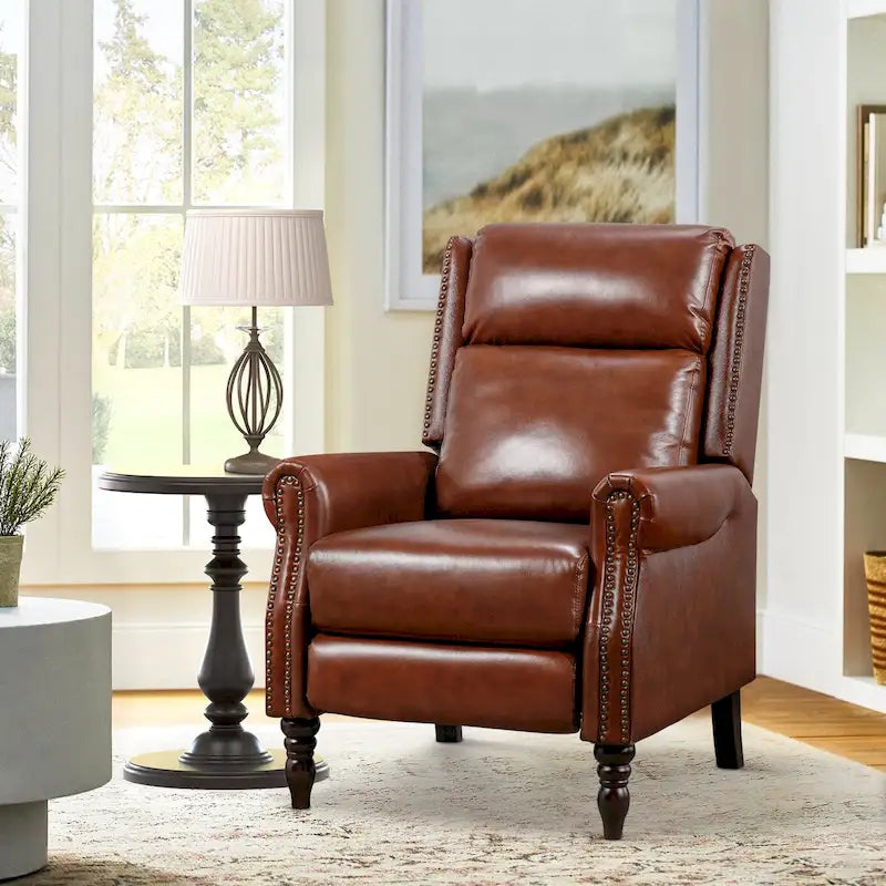 COZYMAN Genuine Leather Push Back Adjustable Recliner with Comfortable Arms for Living Room Chair