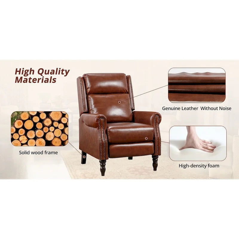 COZYMAN Genuine Leather Push Back Adjustable Recliner with Comfortable Arms for Living Room Chair