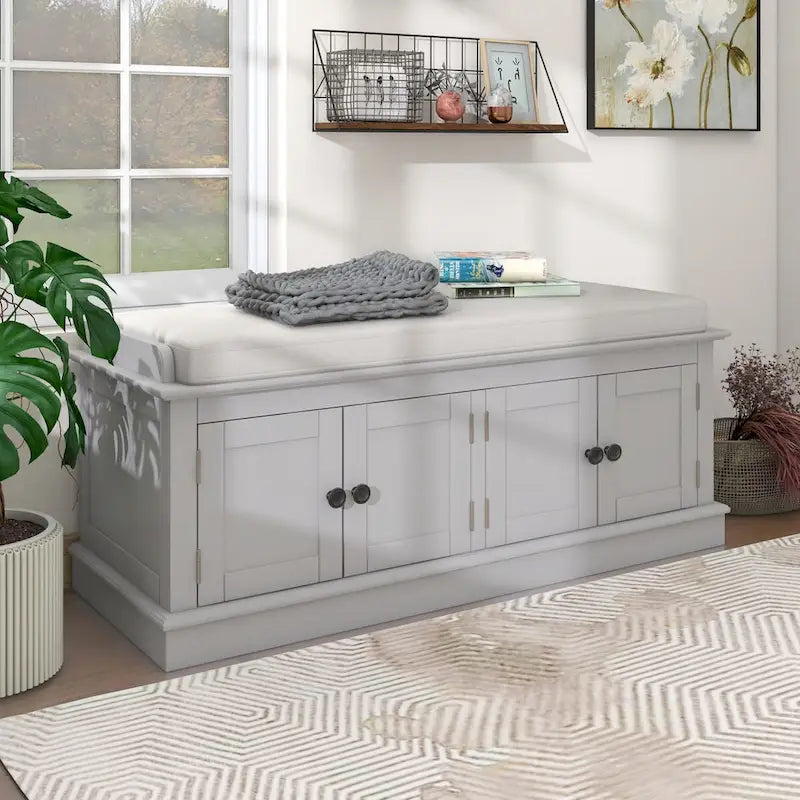 4-door Storage Bench with Adjustable Shelves and Removable Cushion - 42.7L x 15.9W x 17.4H