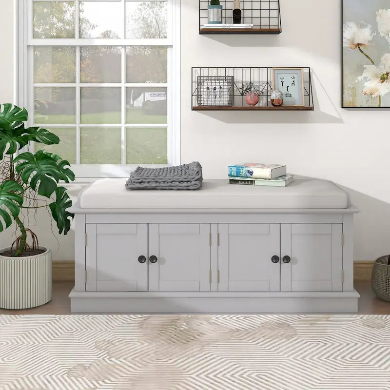 4-door Storage Bench with Adjustable Shelves and Removable Cushion - 42.7L x 15.9W x 17.4H