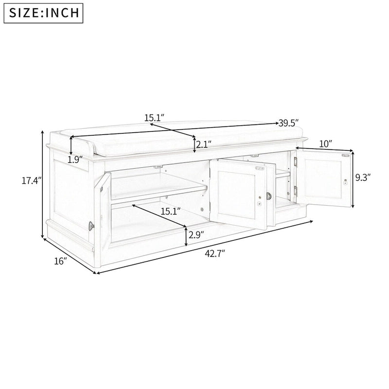 4-door Storage Bench with Adjustable Shelves and Removable Cushion - 42.7L x 15.9W x 17.4H