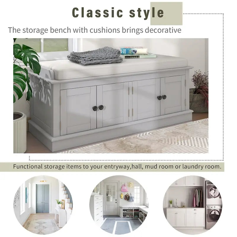4-door Storage Bench with Adjustable Shelves and Removable Cushion - 42.7L x 15.9W x 17.4H