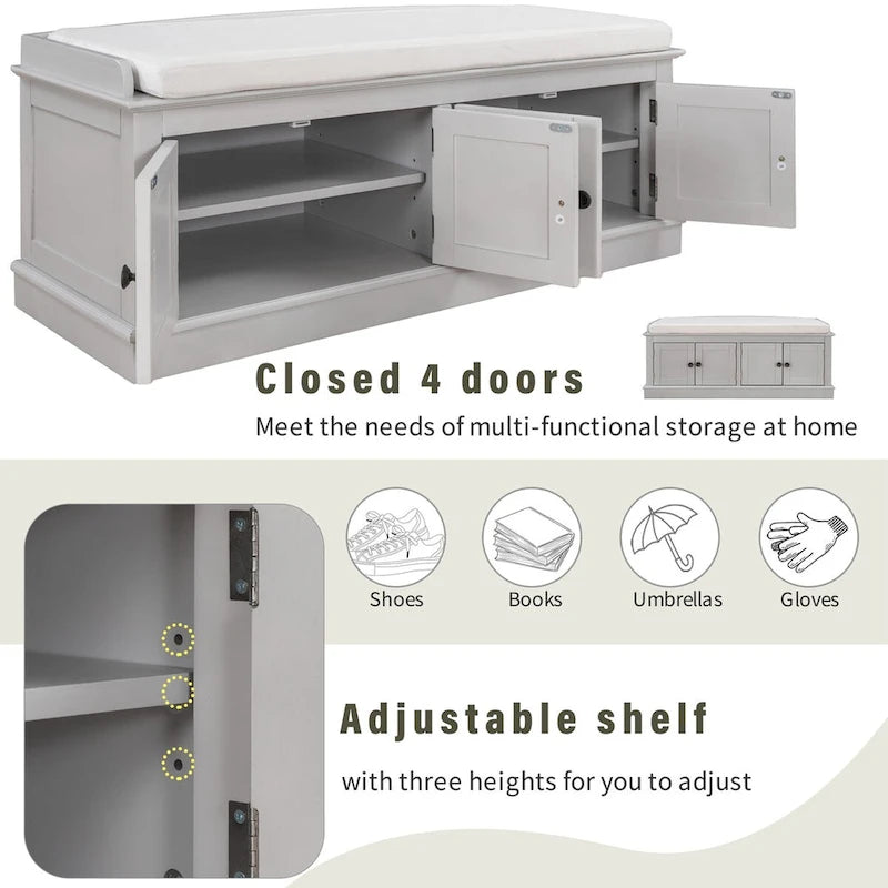 4-door Storage Bench with Adjustable Shelves and Removable Cushion - 42.7L x 15.9W x 17.4H