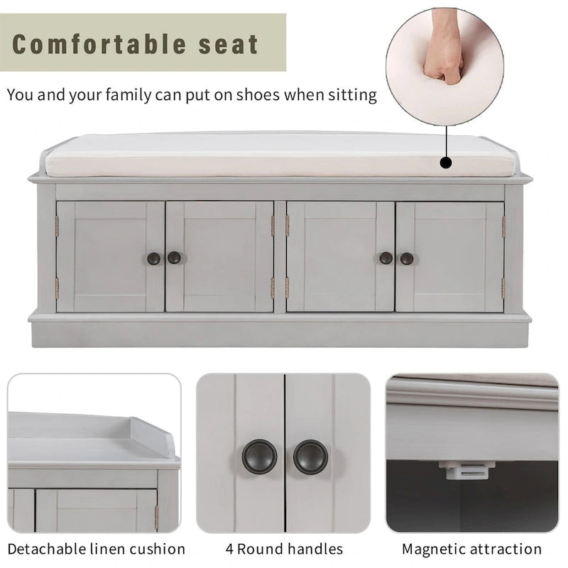 4-door Storage Bench with Adjustable Shelves and Removable Cushion - 42.7L x 15.9W x 17.4H