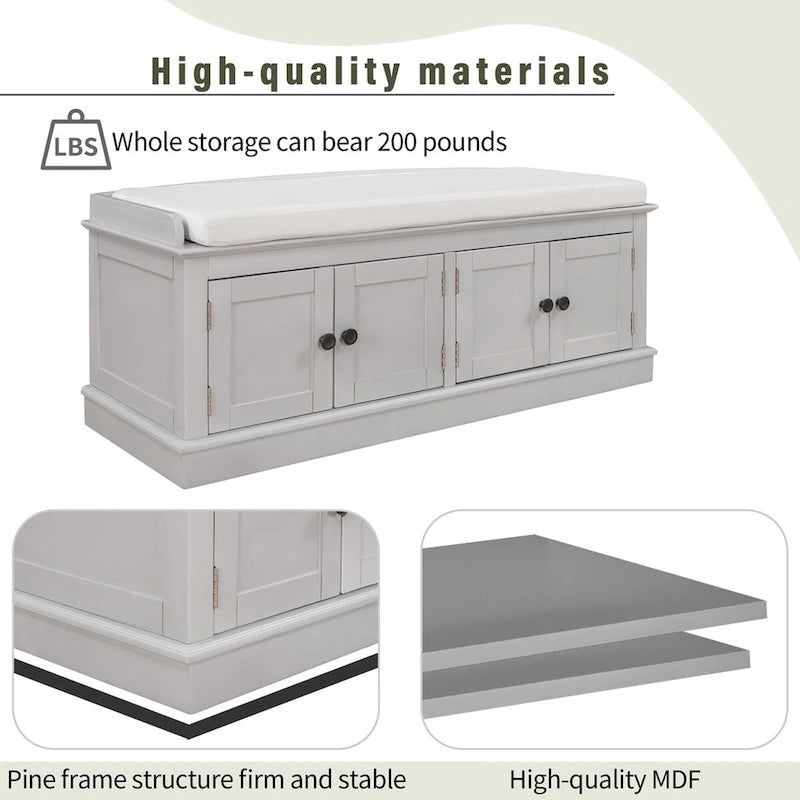 4-door Storage Bench with Adjustable Shelves and Removable Cushion - 42.7L x 15.9W x 17.4H