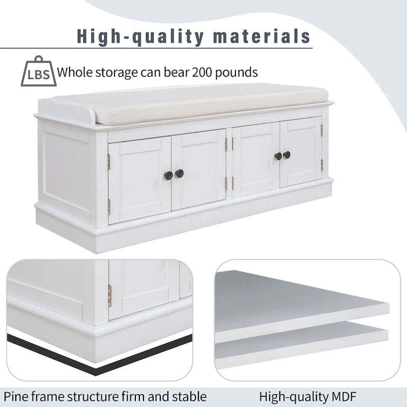 4-door Storage Bench with Adjustable Shelves and Removable Cushion - 42.7L x 15.9W x 17.4H