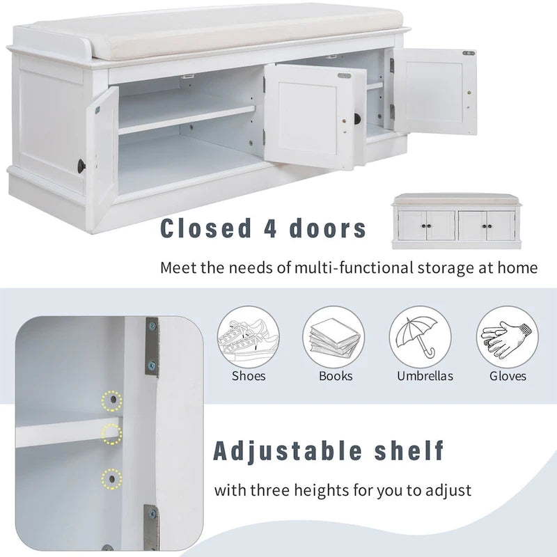 4-door Storage Bench with Adjustable Shelves and Removable Cushion - 42.7L x 15.9W x 17.4H