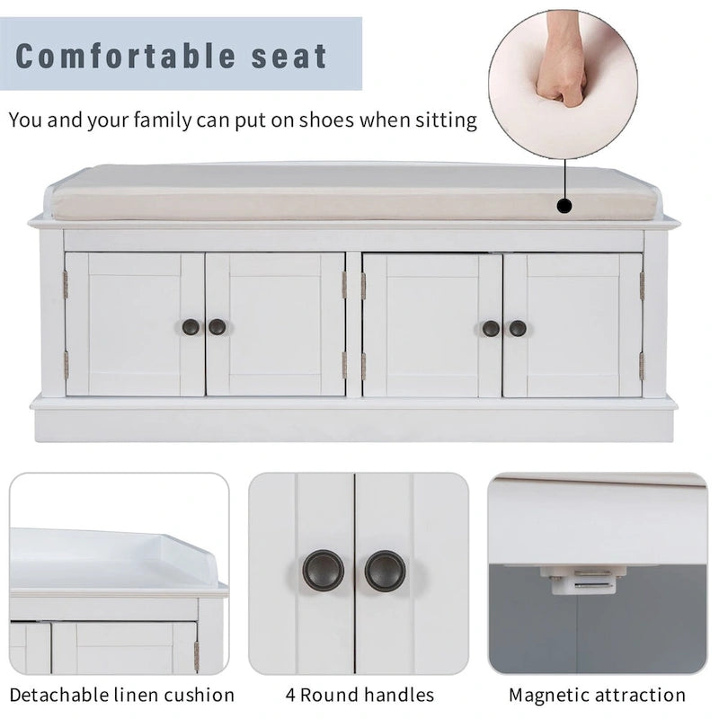 4-door Storage Bench with Adjustable Shelves and Removable Cushion - 42.7L x 15.9W x 17.4H