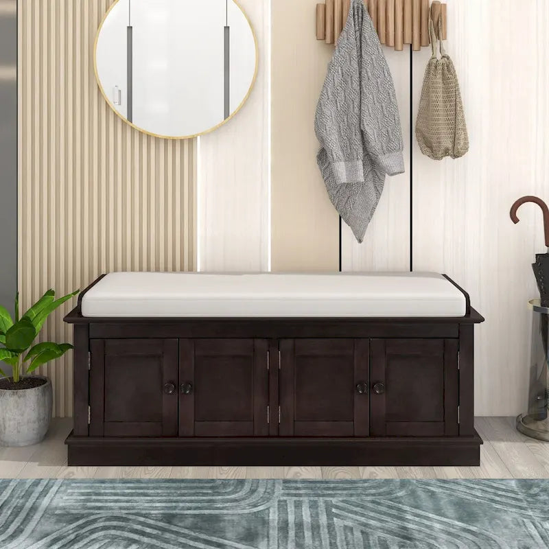 4-door Storage Bench with Adjustable Shelves and Removable Cushion - 42.7L x 15.9W x 17.4H