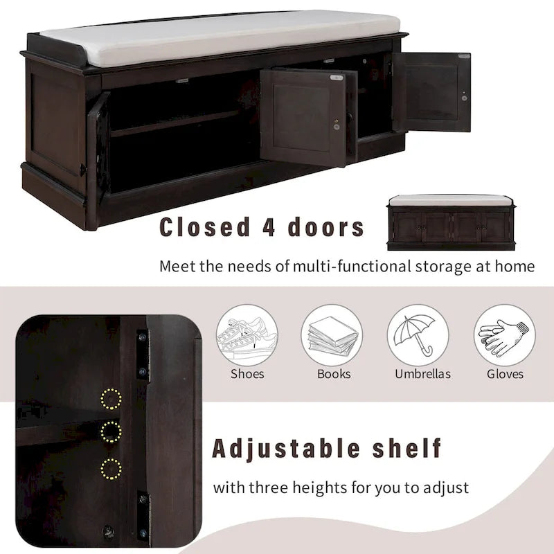 4-door Storage Bench with Adjustable Shelves and Removable Cushion - 42.7L x 15.9W x 17.4H